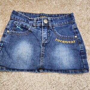 Rocawear Girls Denim Mini Skirt Size 7 Blue Yellow Graffiti Pockets Casual